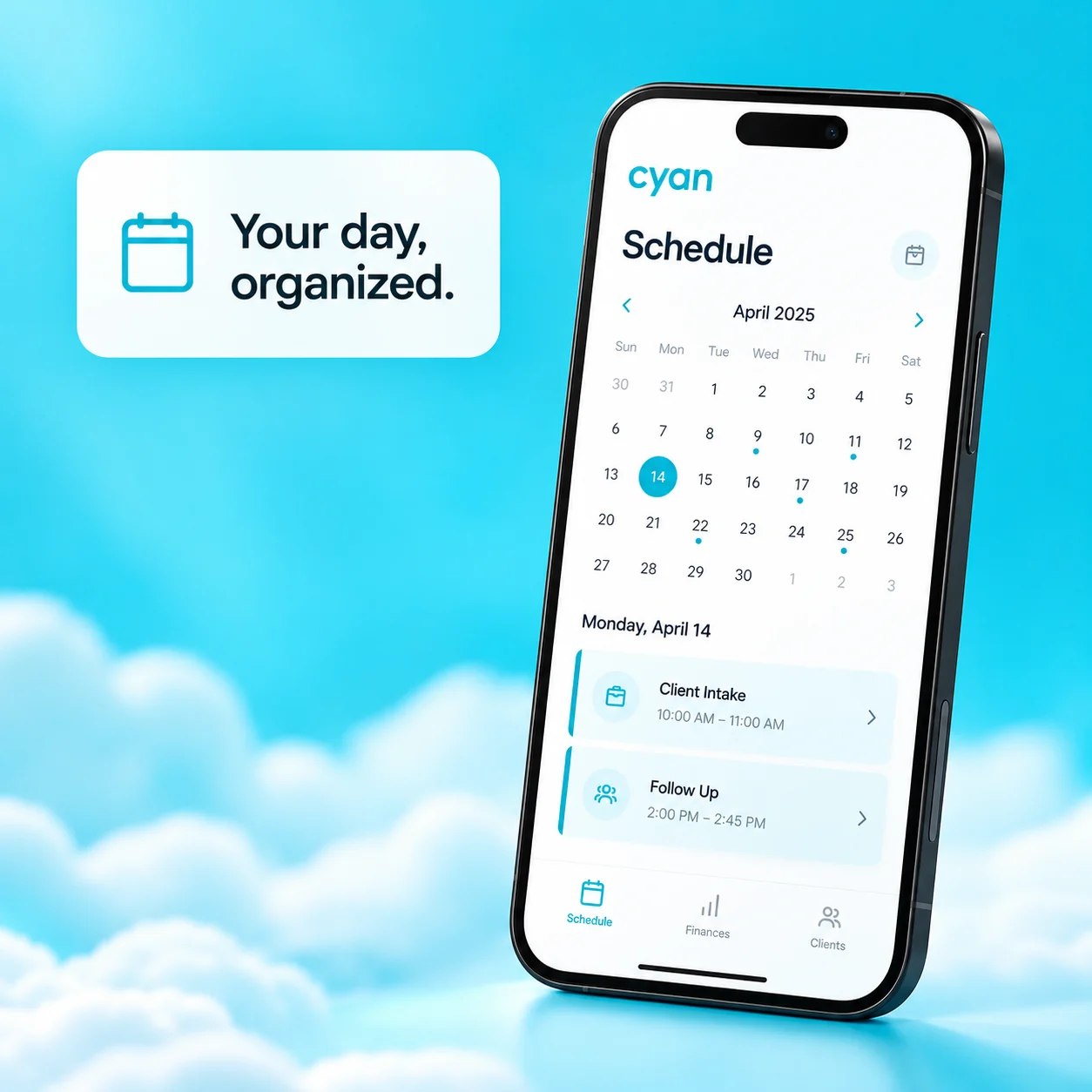 Cyan app on a smartphone with appointment cards