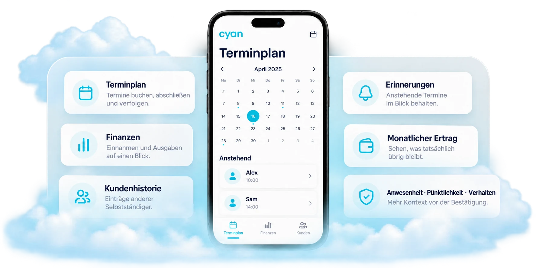 Cyan-App mit Terminplan, Finanzen und Kundenhistorie