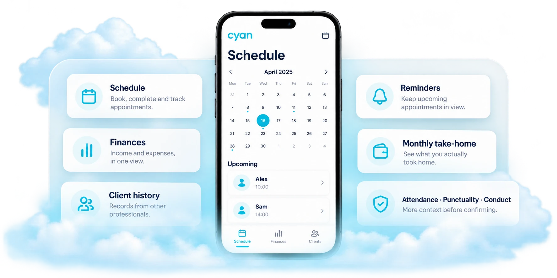 Cyan scheduling app with schedule, finances and client history cards