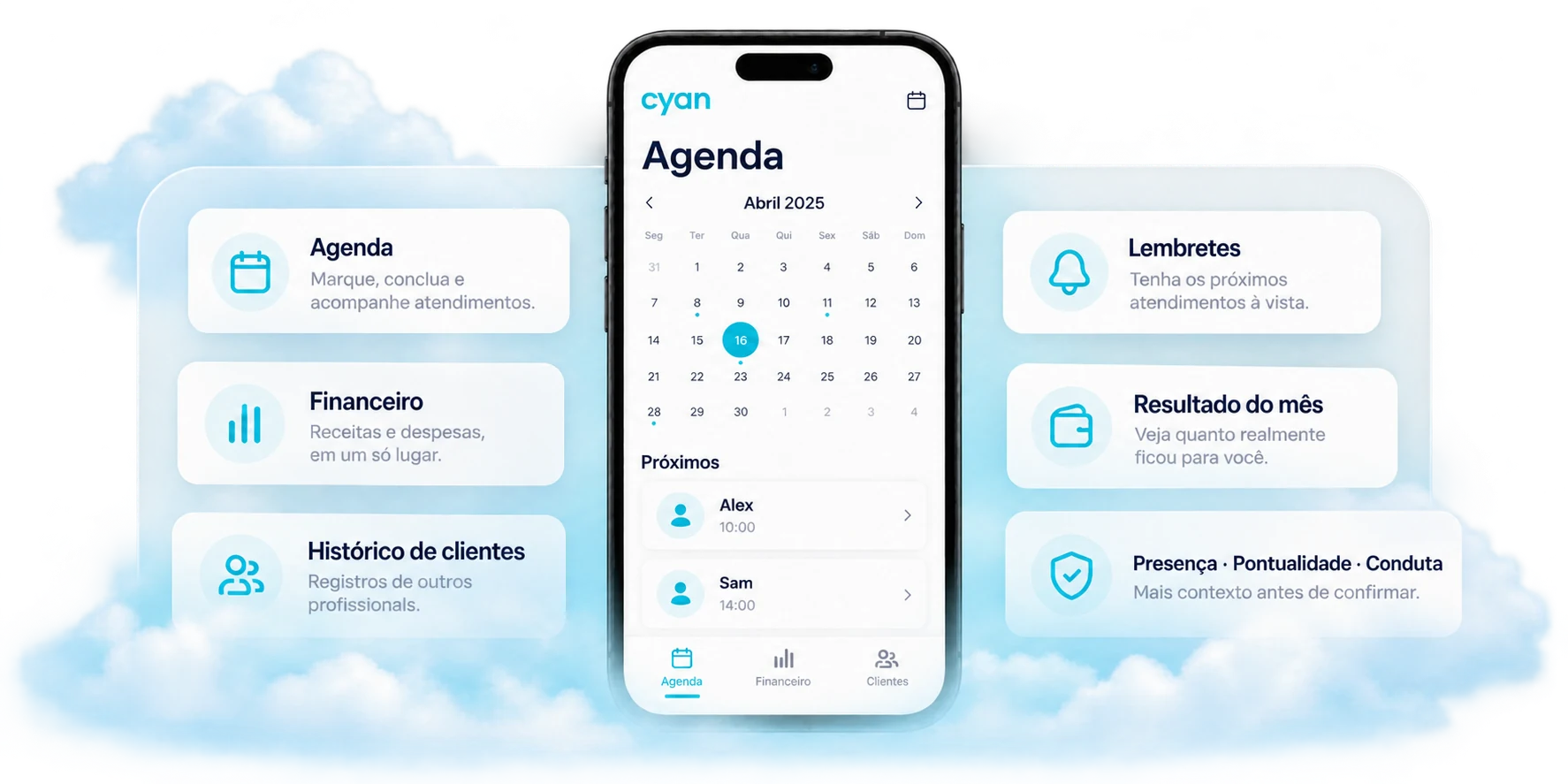 Aplicativo Cyan com agenda, financeiro e histórico de clientes