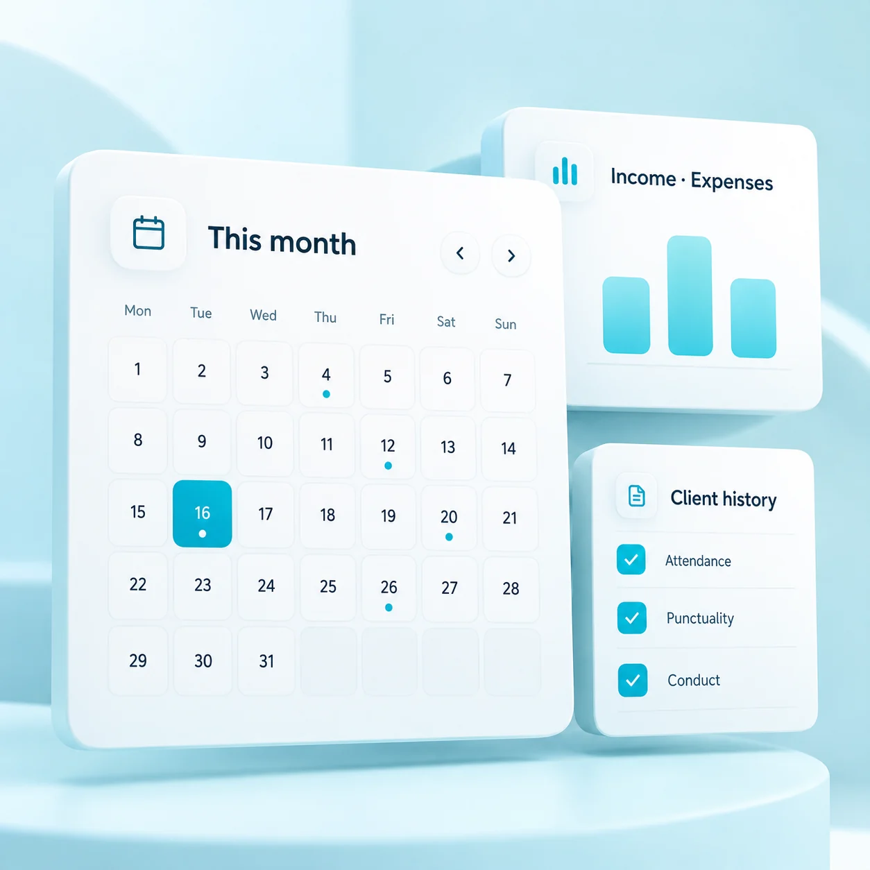 Cyan schedule, finances and client history